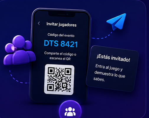 Pantalla para invitar jugadores con código de evento y código QR