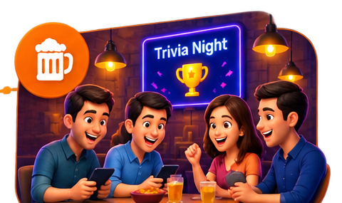 Grupo de amigos jugando trivia night en un bar