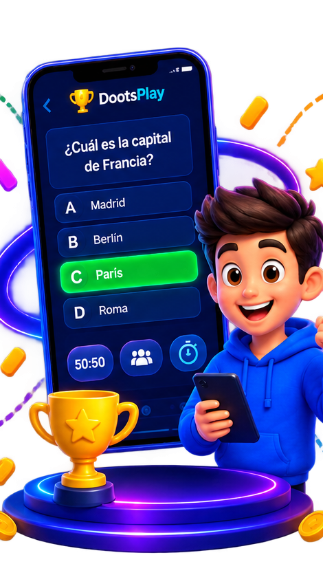 Jugador respondiendo una pregunta de trivia en su celular junto a un trofeo