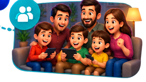 Familia jugando trivias juntos en el sofá de la casa