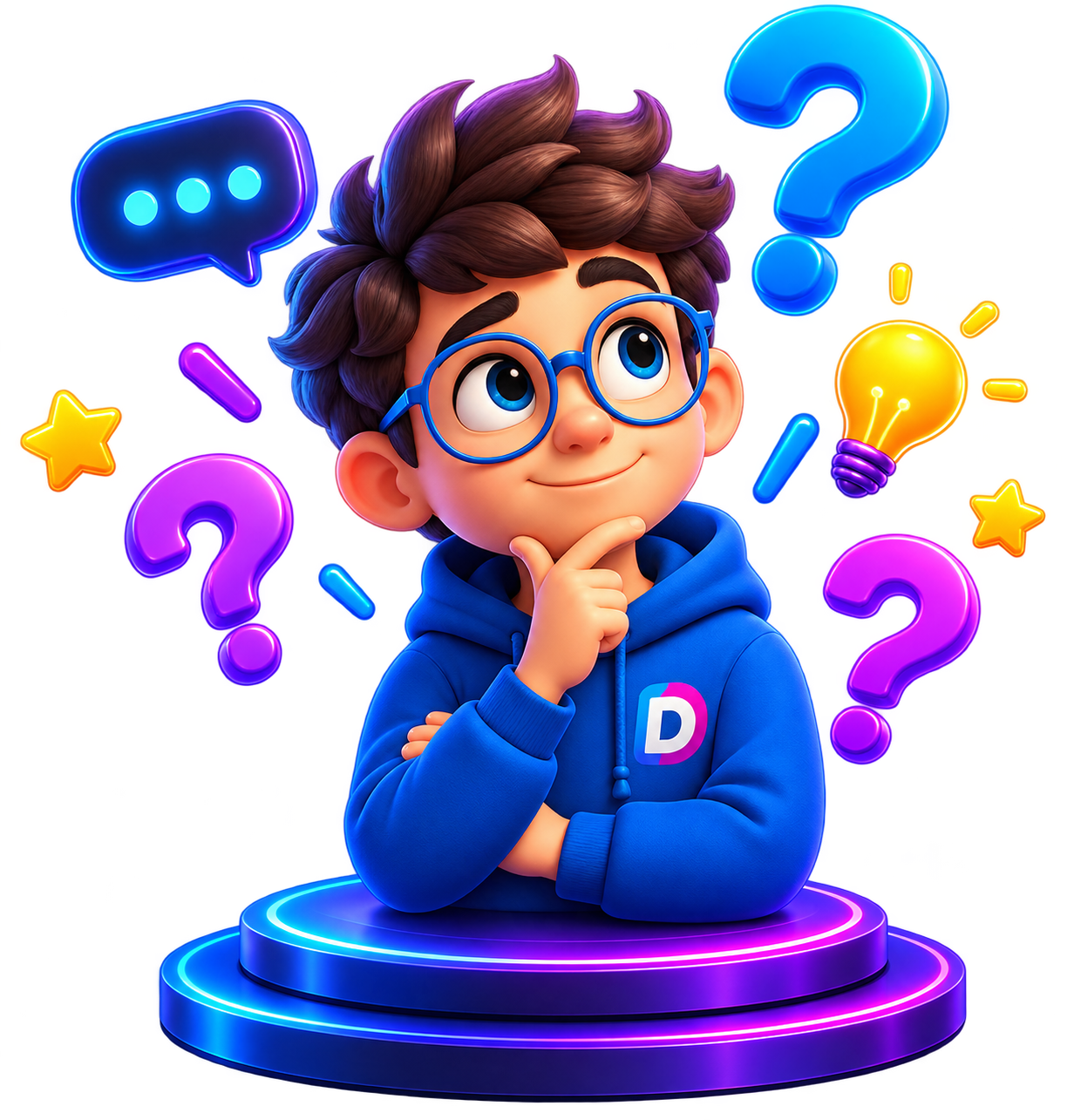 Personaje de DootsPlay pensando, rodeado de signos de pregunta