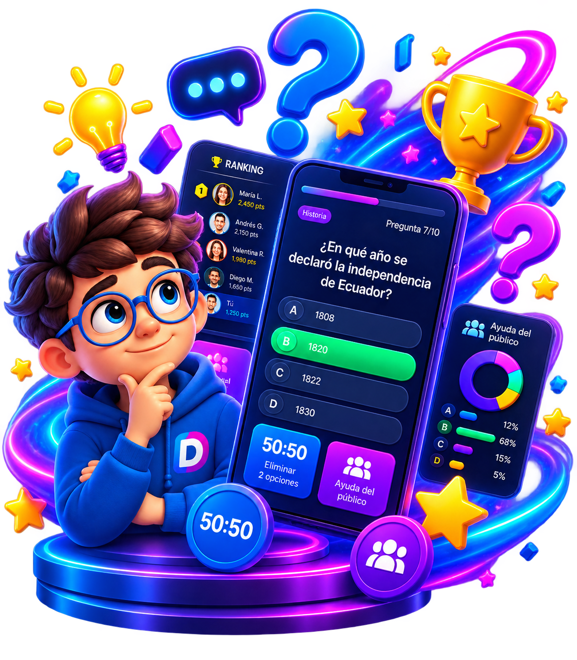 Vista previa de una trivia en DootsPlay: pregunta en juego, ranking en vivo y ayudas 50:50 y ayuda del público